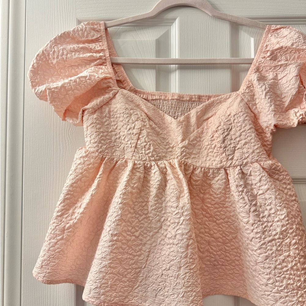 Pink Textured Puff Sleeve Top